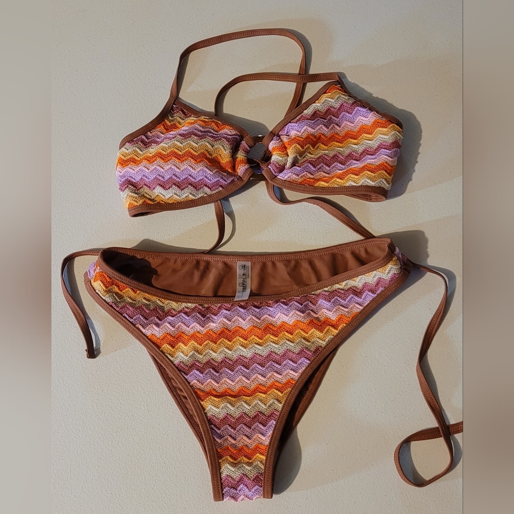 Zaful, Woven Chevron Multicolor Bikini Set with Brown Trim, Small